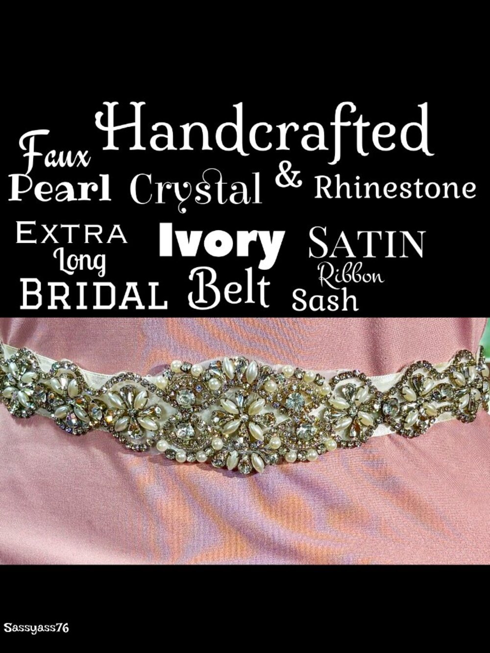 🆕HANDCRAFTED▪️Faux Pearl Crystal Rhinestone Extra Long Ivory Satin Ribbon Belt - Picture 1 of 6